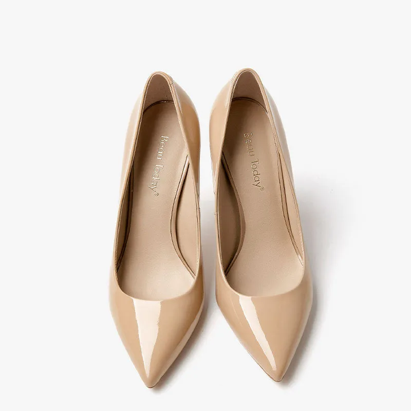 BeauToday Women Patent Leather Pointed Toe Stiletto Shallow Slip-on Classic Heels